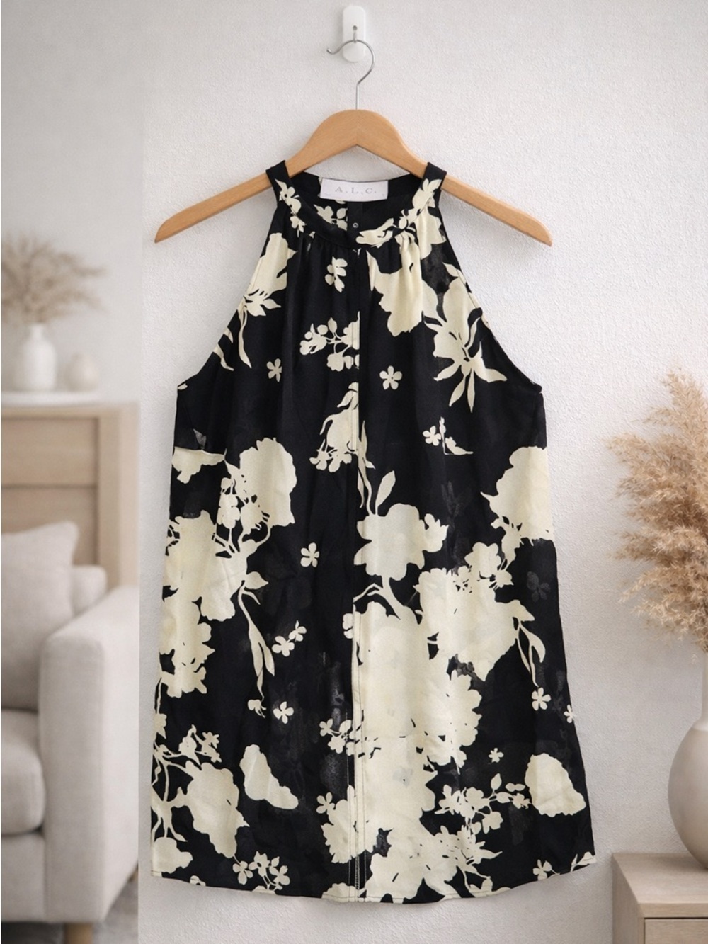 A.L.C. Silk Floral Halter Blouse Black Cream Sleeveless Top Medium